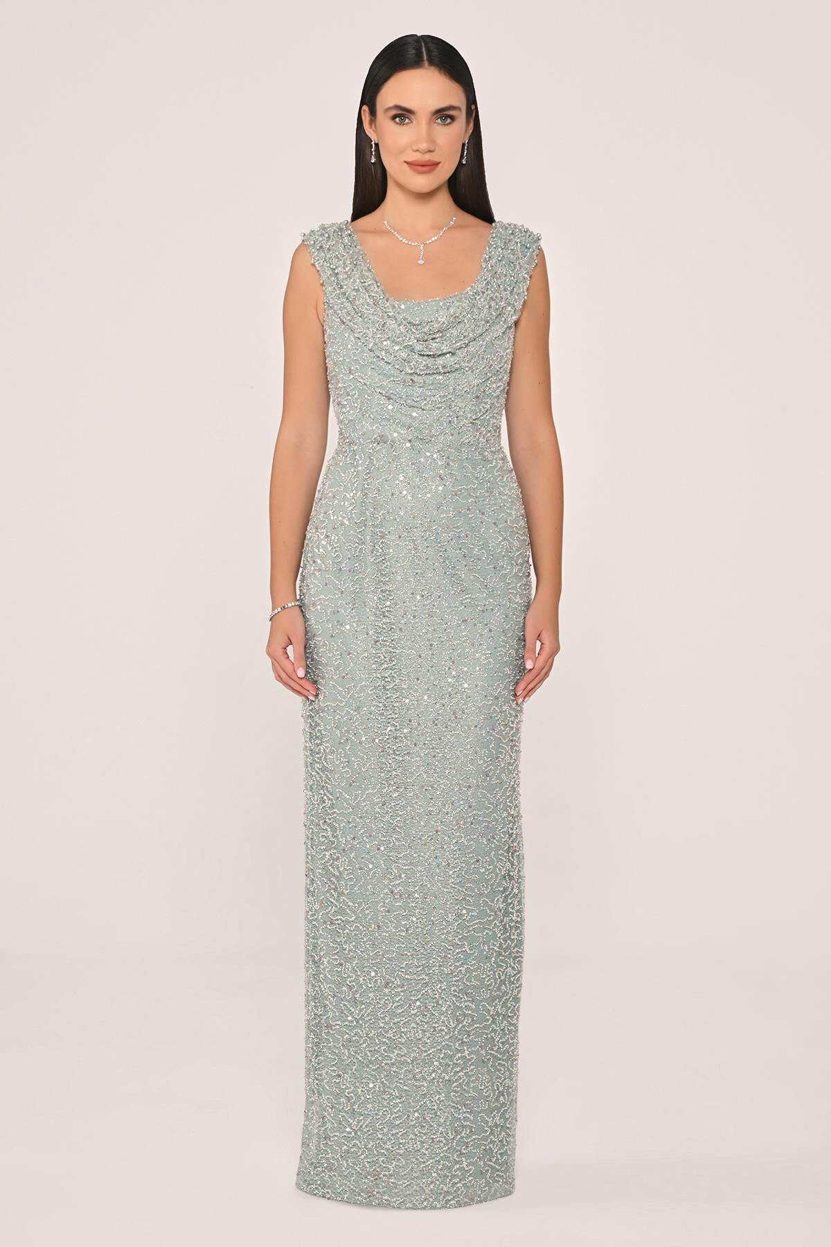 Degaje Yaka Payet Uzun Elbise MİNT - 40