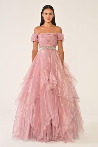 Schulterfreies, mehrlagiges Organza-Kleid mit Prinzessinnenrock