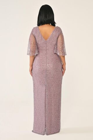 Degaje Yaka Şal Kısa Kol Payet Uzun Elbise Lila - 42