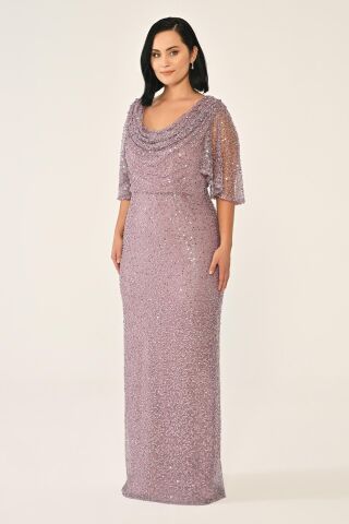 Degaje Yaka Şal Kısa Kol Payet Uzun Elbise Lila - 42