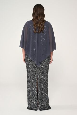 Şifon Şallı Broşlu Payet Uzun Elbise ANTRASİT - 42