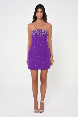 Straplez Taş İşlemeli Krep Kısa Elbise Mor - 40