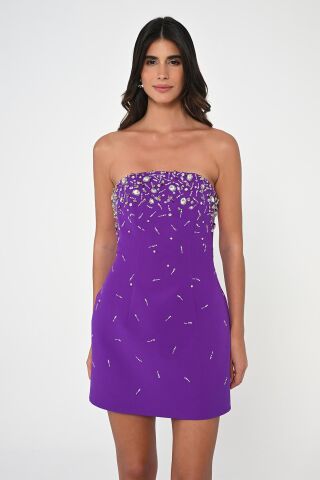 Straplez Taş İşlemeli Krep Kısa Elbise Mor - 40