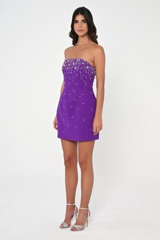 Straplez Taş İşlemeli Krep Kısa Elbise Mor - 40