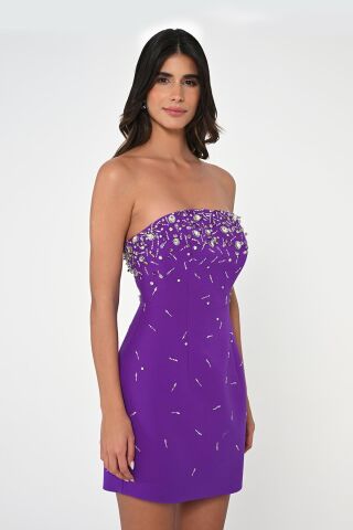 Straplez Taş İşlemeli Krep Kısa Elbise Mor - 40