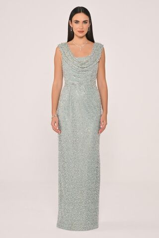 Degaje Yaka Payet Uzun Elbise MİNT - 42