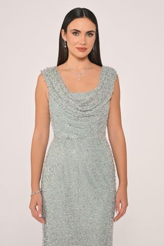 Degaje Yaka Payet Uzun Elbise MİNT - 42