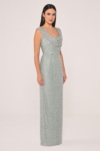 Degaje Yaka Payet Uzun Elbise MİNT - 42