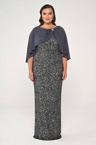 Şifon Şallı Broşlu Payet Uzun Elbise ANTRASİT - 48