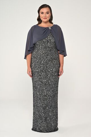 Şifon Şallı Broşlu Payet Uzun Elbise ANTRASİT - 48