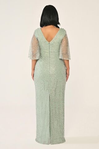 Degaje Yaka Şal Kısa Kol Payet Uzun Elbise MİNT - 42