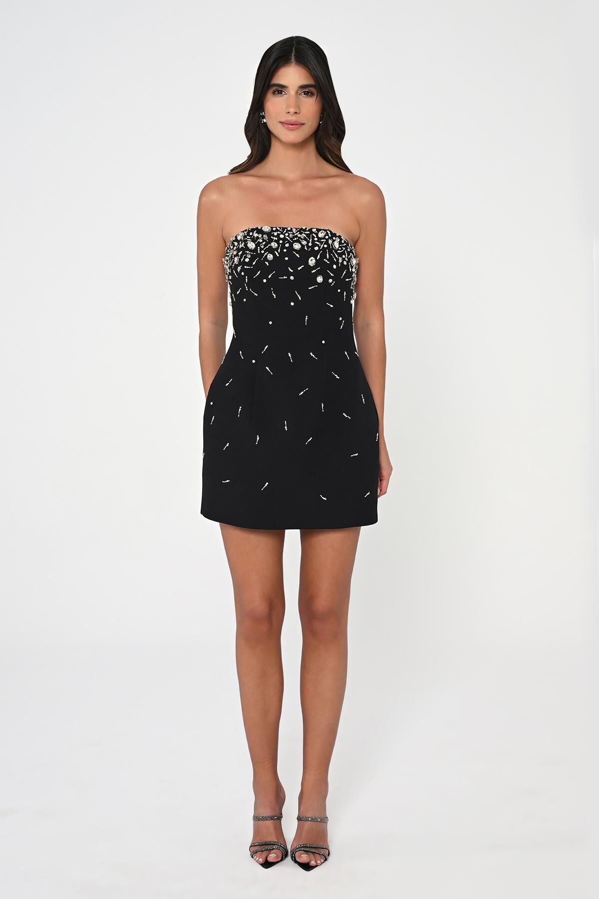 Straplez Taş İşlemeli Krep Kısa Elbise Siyah - 36