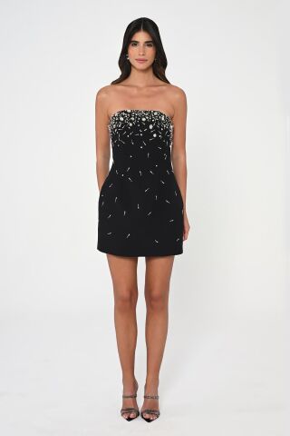 Straplez Taş İşlemeli Krep Kısa Elbise Siyah - 36