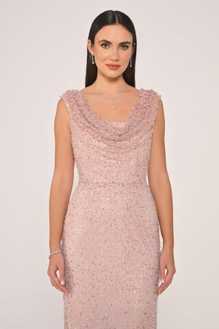 Degaje Yaka Payet Uzun Elbise Pudra - 38