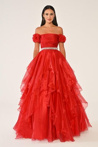 Düşük Omuz Katlı Prenses Etek Organze Uzun Elbise Kırmızı - 42