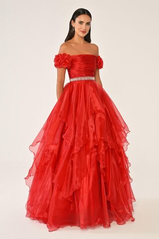 Düşük Omuz Katlı Prenses Etek Organze Uzun Elbise Kırmızı - 42