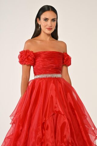 Düşük Omuz Katlı Prenses Etek Organze Uzun Elbise Kırmızı - 42