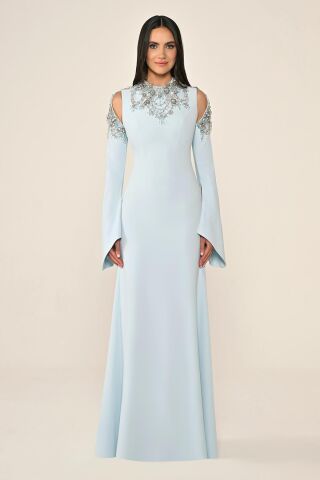 Besticktes Top Langarm Crêpe Langes Kleid HELLBLAU - 42