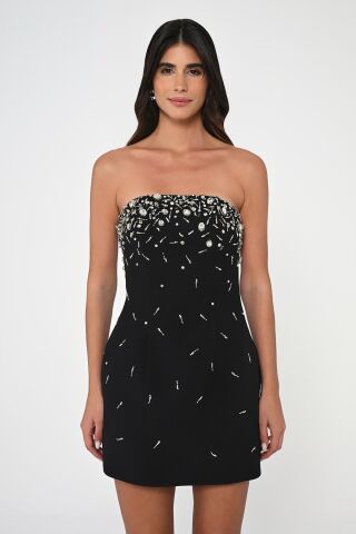 Straplez Taş İşlemeli Krep Kısa Elbise Siyah - 38