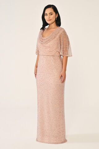 Degaje Yaka Şal Kısa Kol Payet Uzun Elbise Pudra - 42