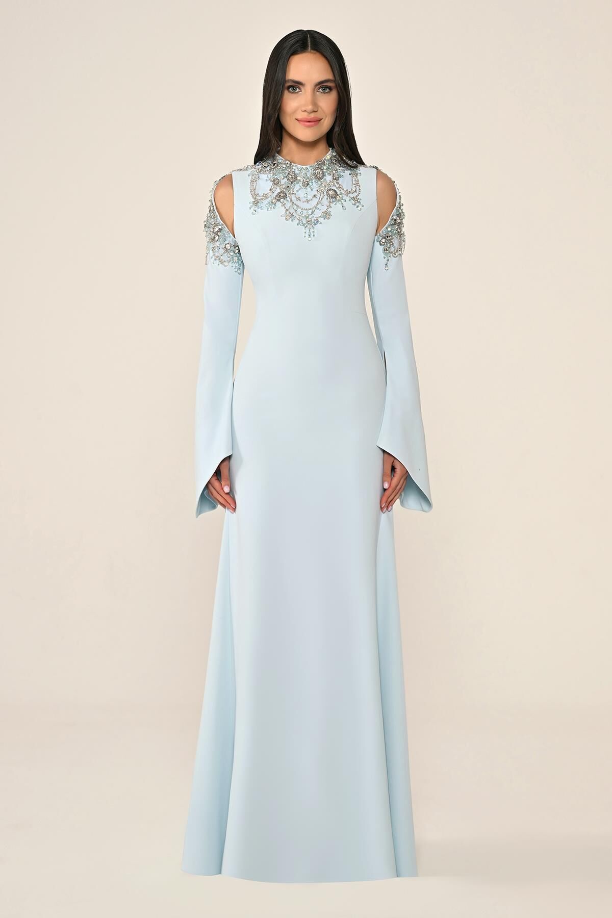 Embroidered Top Long Sleeve Crepe Long Dress LIGHT BLUE - 44