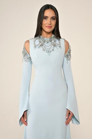 Embroidered Top Long Sleeve Crepe Long Dress LIGHT BLUE - 44