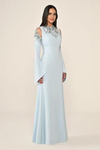 Embroidered Top Long Sleeve Crepe Long Dress LIGHT BLUE - 44