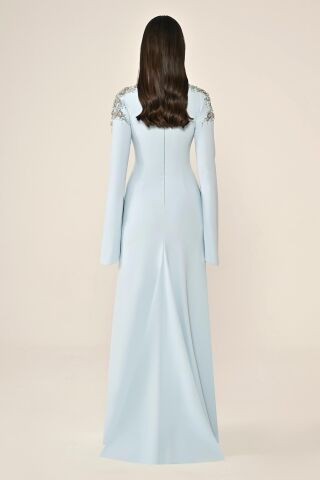 Embroidered Top Long Sleeve Crepe Long Dress LIGHT BLUE - 44