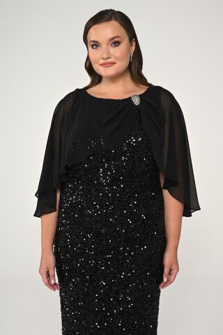 Şifon Şallı Broşlu Payet Uzun Elbise Siyah - 42