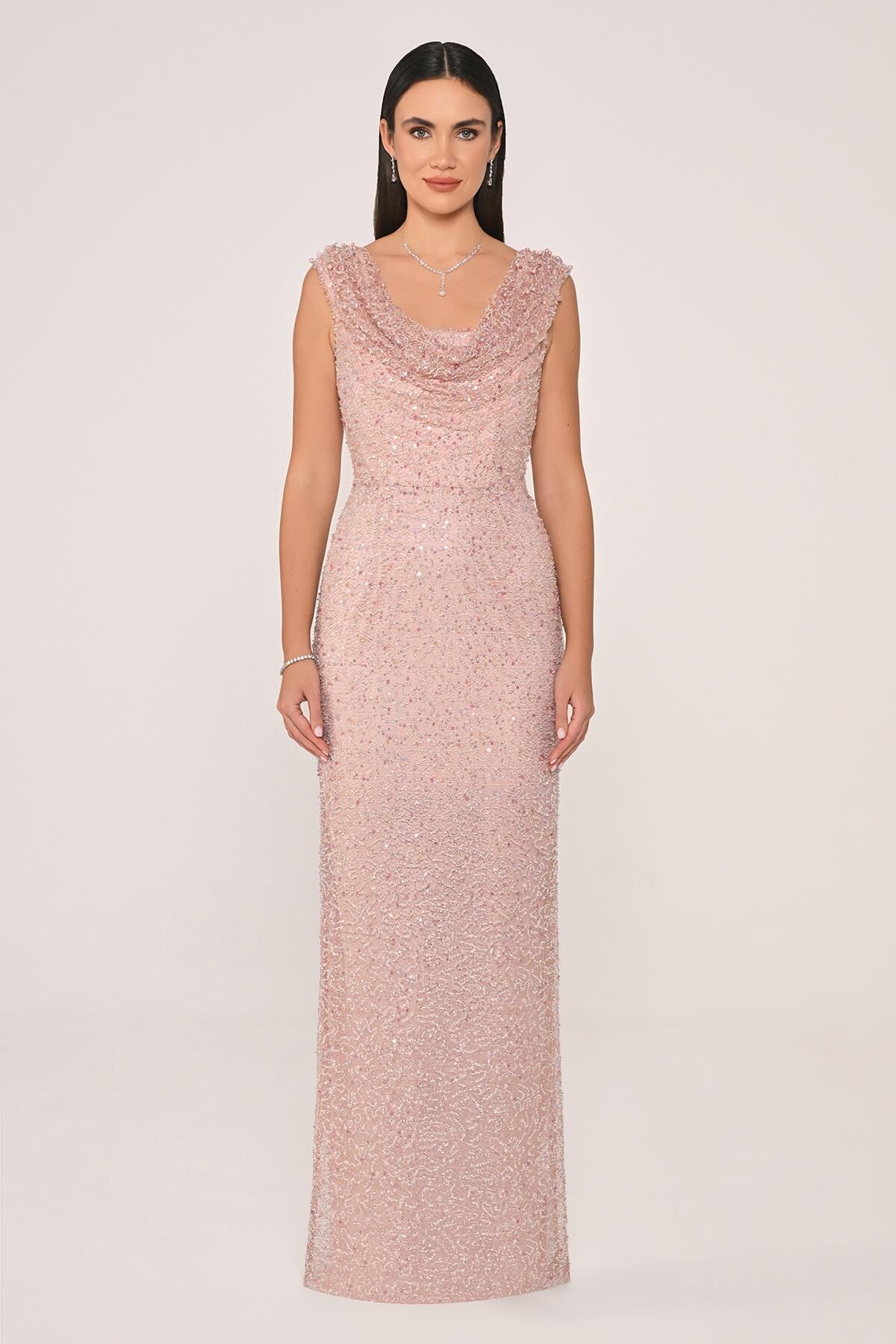 Degaje Yaka Payet Uzun Elbise Pudra - 40