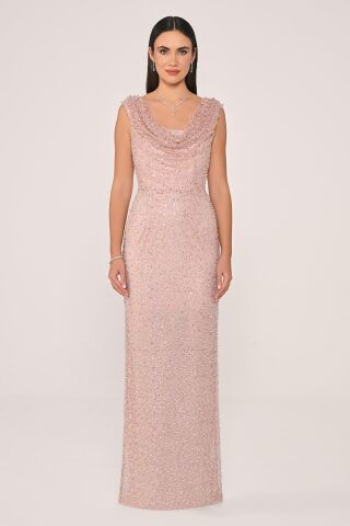 Degaje Yaka Payet Uzun Elbise Pudra - 40