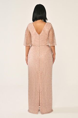 Degaje Yaka Şal Kısa Kol Payet Uzun Elbise Pudra - 44