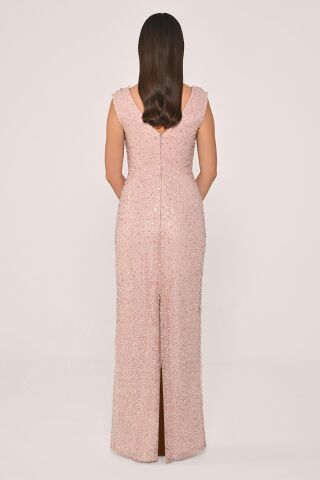 Degaje Yaka Payet Uzun Elbise Pudra - 42