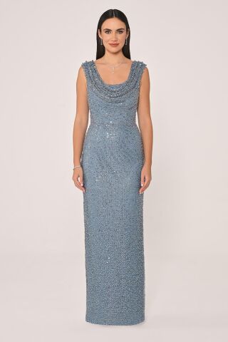 Degaje Yaka Payet Uzun Elbise İNDİGO - 40