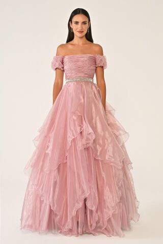 Düşük Omuz Katlı Prenses Etek Organze Uzun Elbise KOYU PUDRA - 36
