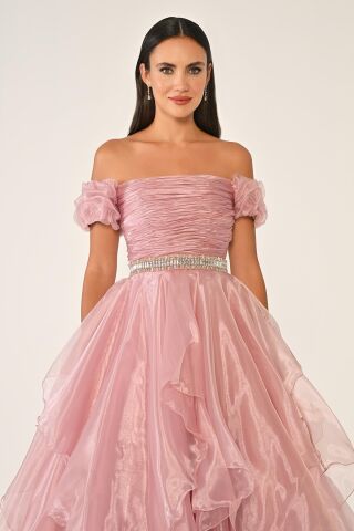 Düşük Omuz Katlı Prenses Etek Organze Uzun Elbise KOYU PUDRA - 36