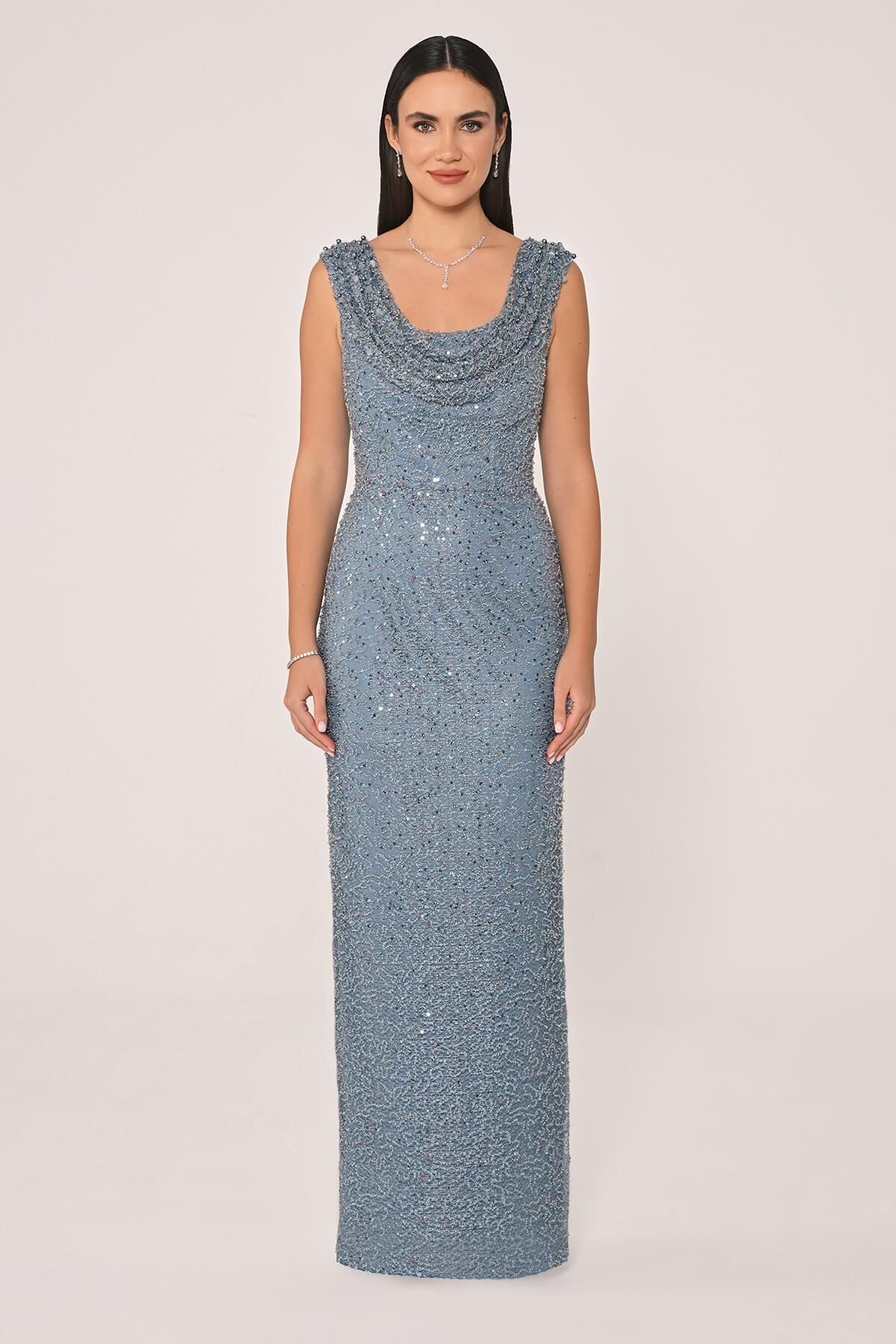 Degaje Yaka Payet Uzun Elbise İNDİGO - 42