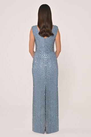 Degaje Yaka Payet Uzun Elbise İNDİGO - 42