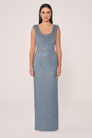 Degaje Yaka Payet Uzun Elbise İNDİGO - 42