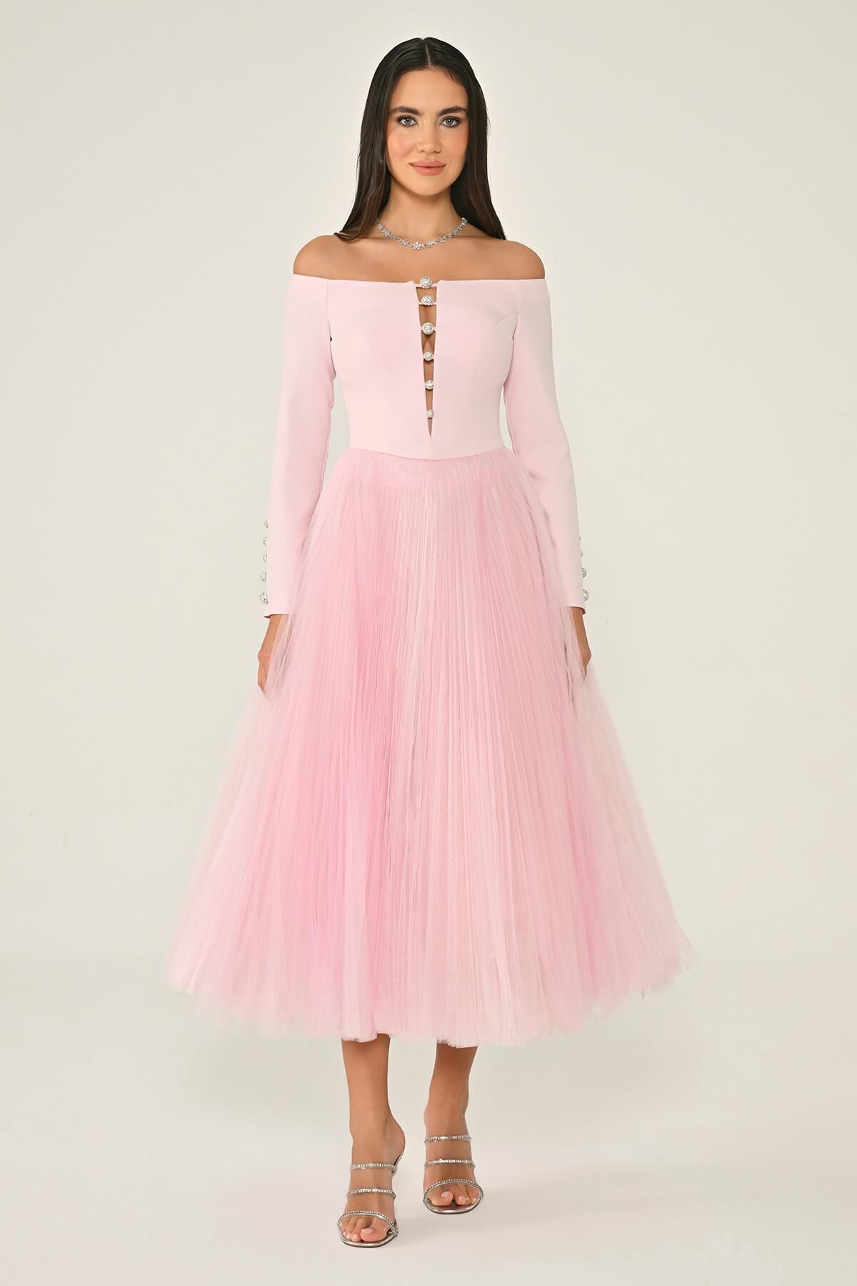 Açık Omuz Kollu Eteği Tül Midi Elbise Pembe - 38