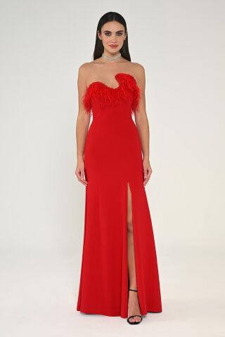 Strapless Top Feather Asymmetrical Cut Crepe Long Dress Red - 44