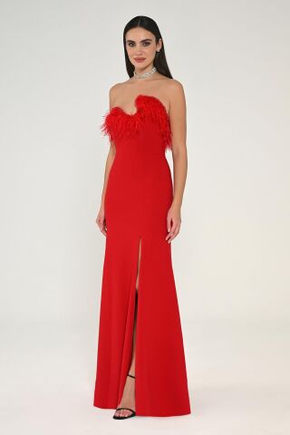 Strapless Top Feather Asymmetrical Cut Crepe Long Dress Red - 44