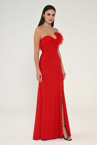 Strapless Top Feather Asymmetrical Cut Crepe Long Dress Red - 44