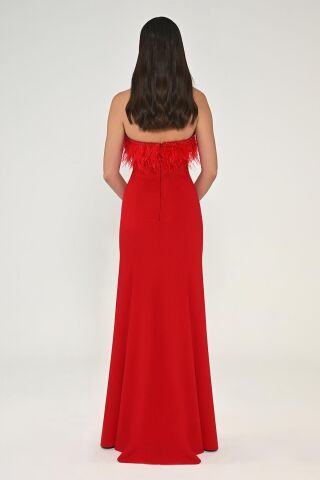 Strapless Top Feather Asymmetrical Cut Crepe Long Dress Red - 44