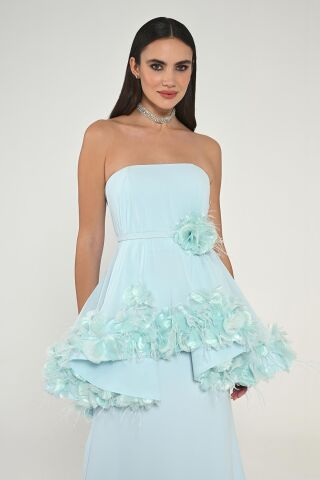 Straplez Katlı Tüy Aksesuarlı Uzun Elbise AÇIK MAVİ - 36