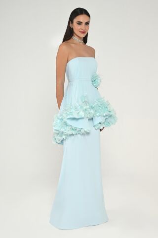 Straplez Katlı Tüy Aksesuarlı Uzun Elbise AÇIK MAVİ - 36