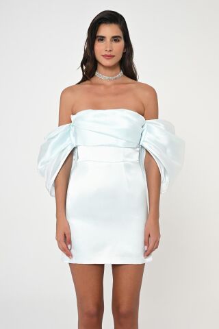 Düşük Balon Kol Straplez Kısa Saten Elbise