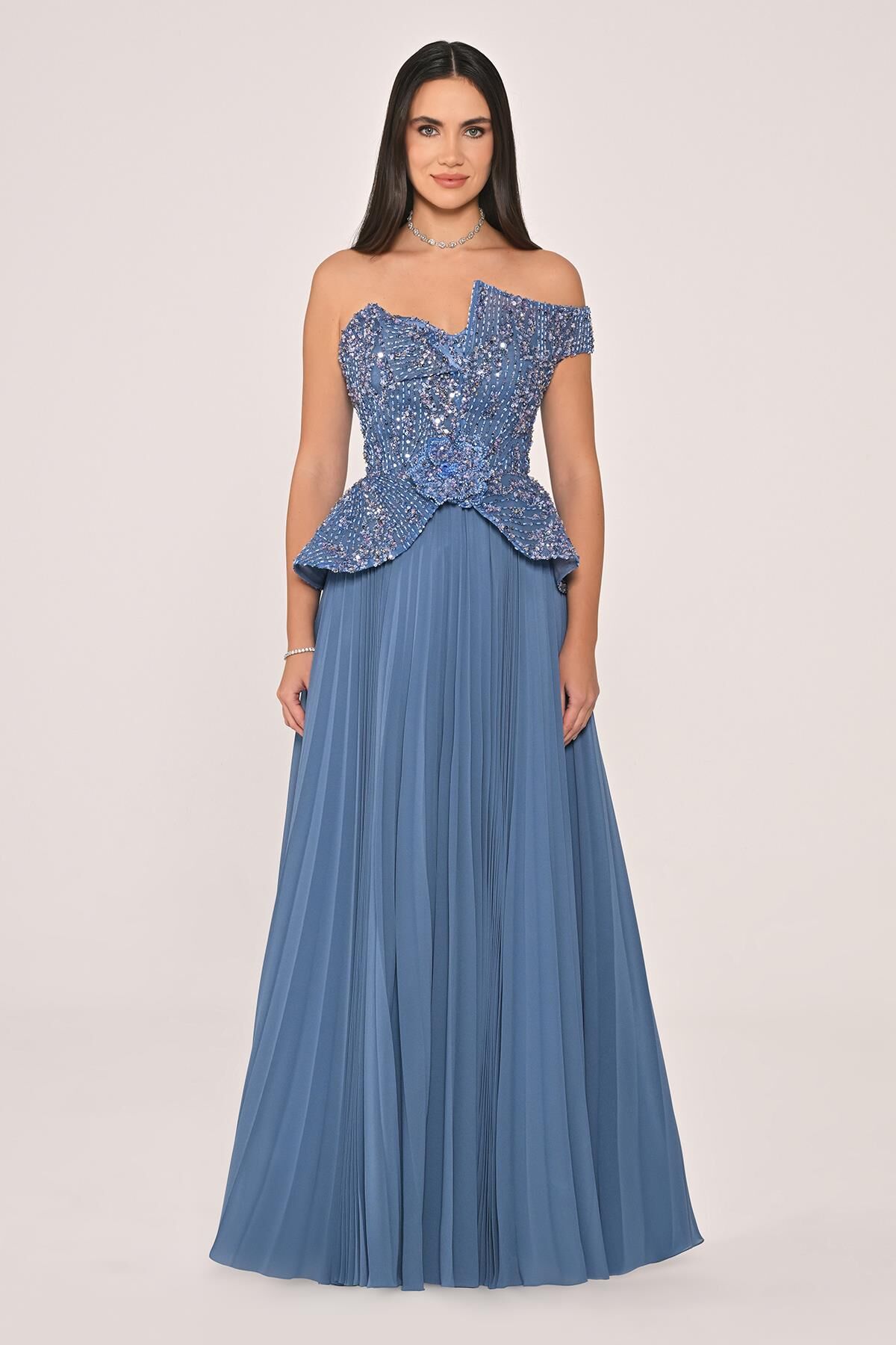 One Off Shoulder Sequin Skirt Pleated Chiffon Long Dress