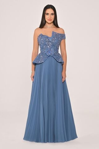One Off Shoulder Sequin Skirt Pleated Chiffon Long Dress