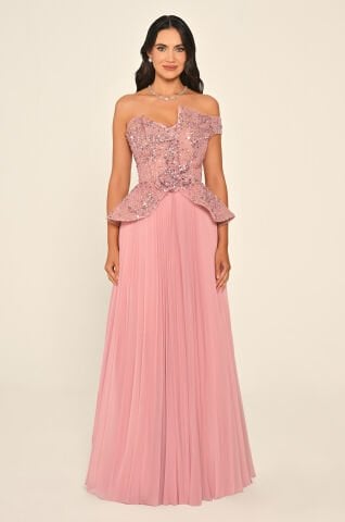 Tek Düşük Omuz Üstü Payet Eteği Pliseli Şifon Uzun Elbise